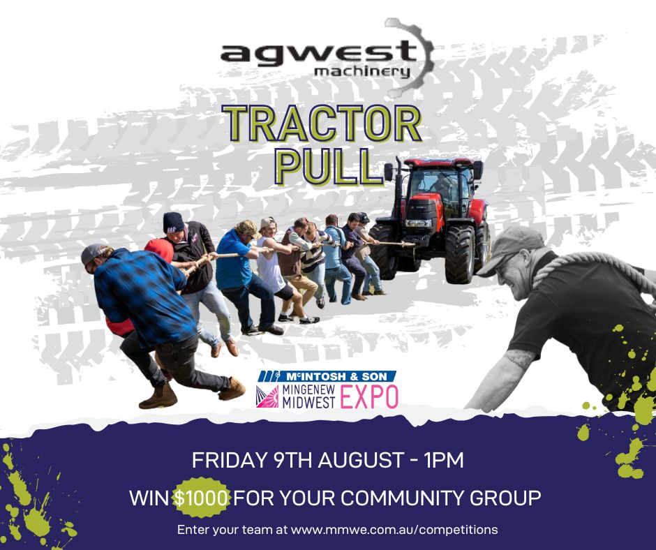 Ready to put in some grunt work to win $1000 for your community group?
Our crowd favourite tractor pull will be back on Friday 9th August, get your team together and flex those muscles.
Thanks to Agwest Machinery for sponsoring this competition.