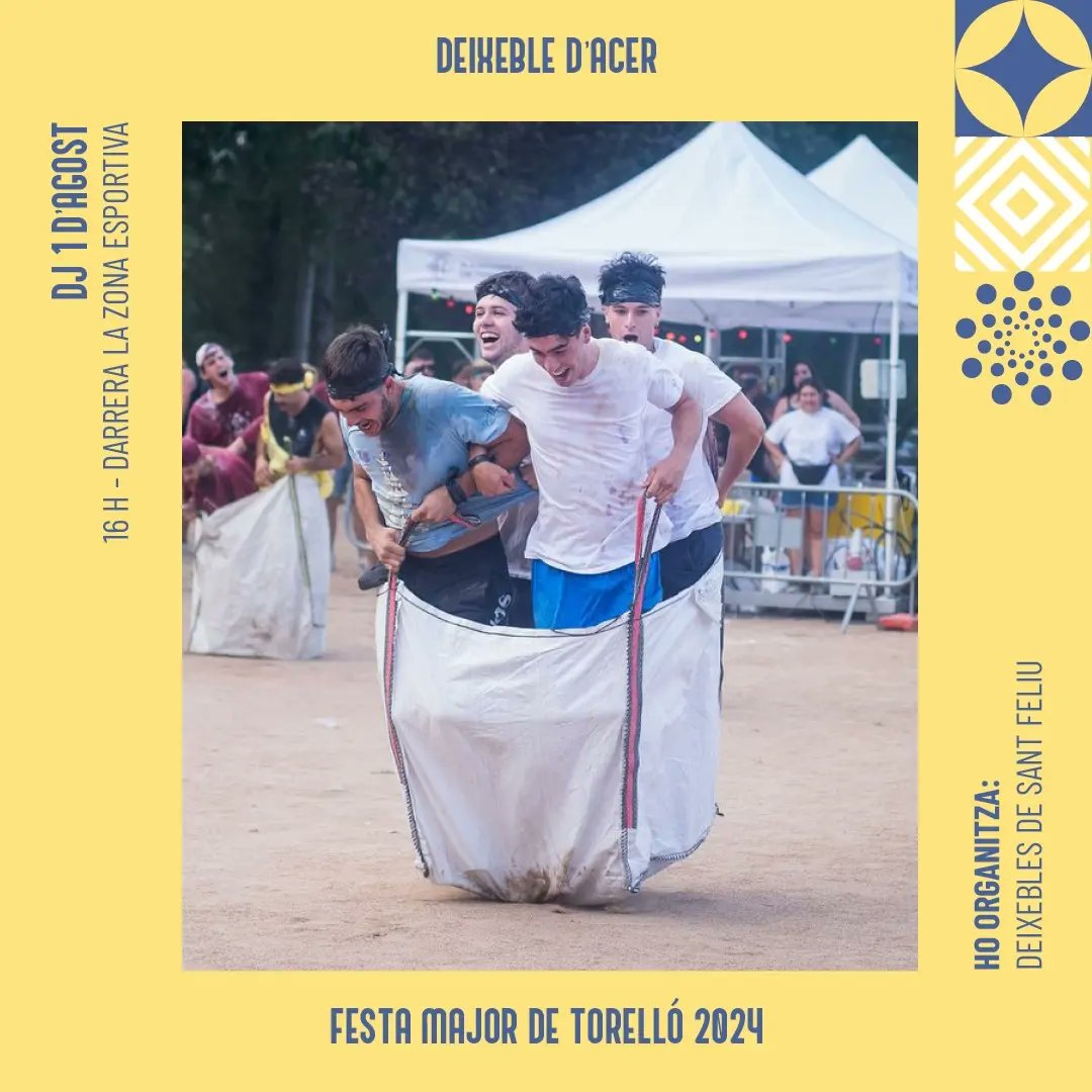 Festa Major Torello (@fmajortorello) on Twitter photo Aquesta tarda arriba el Deixeble d'Acer, a partir de les 16 h a darrera la zona esportiva. Activitat per +18!
<a href="/AjTorello/">Ajuntament de Torelló</a> <a href="/Deixebles/">Deixebles Sant Feliu</a> Aquesta tarda arriba el Deixeble d'Acer, a partir de les 16 h a darrera la zona esportiva. Activitat per +18!
<a href="/AjTorello/">Ajuntament de Torelló</a> <a href="/Deixebles/">Deixebles Sant Feliu</a>