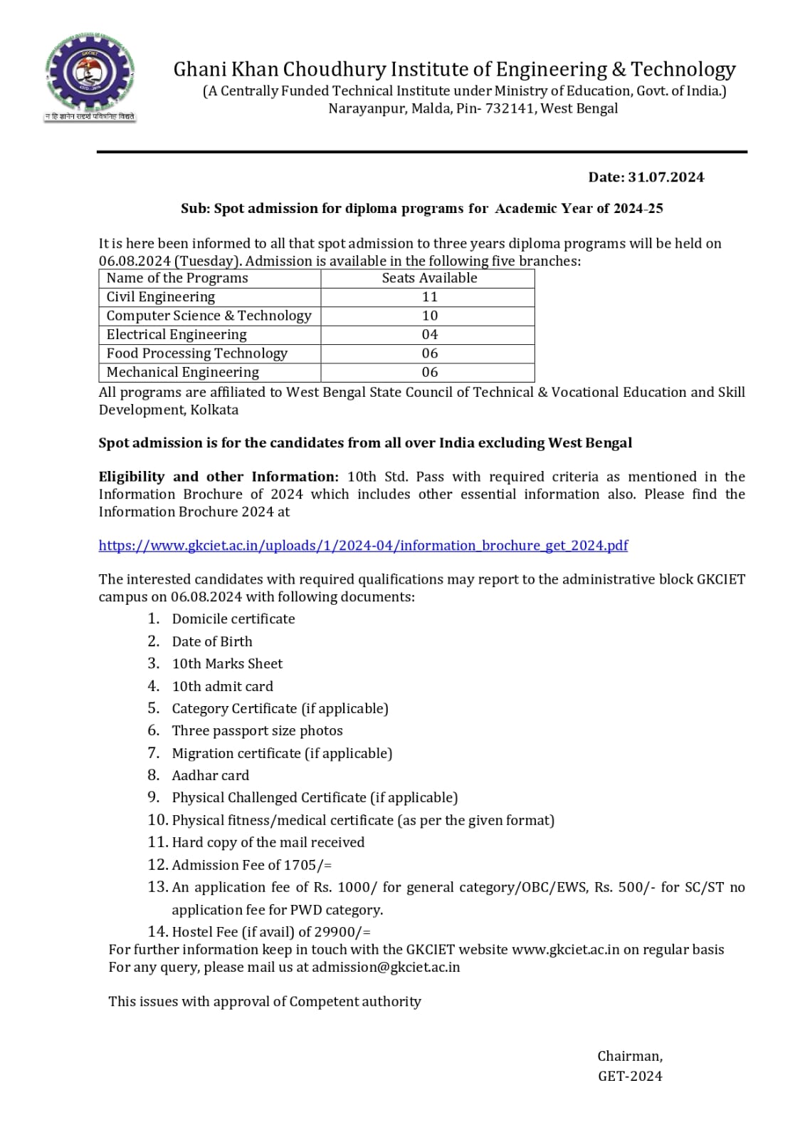 GKCIET, Malda on X: &ldquo;Spot admission to three years diploma 
