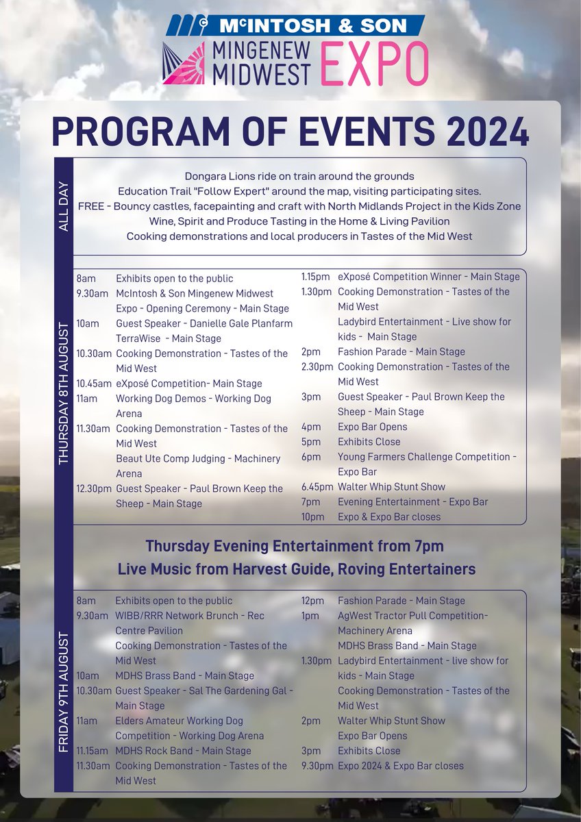 Gates are officially open for the 2024 McIntosh &amp; Son, Mingenew Midwest Expo!
Check out the Program of Events!
Grab your tickets now. mmwe.com.au/tickets