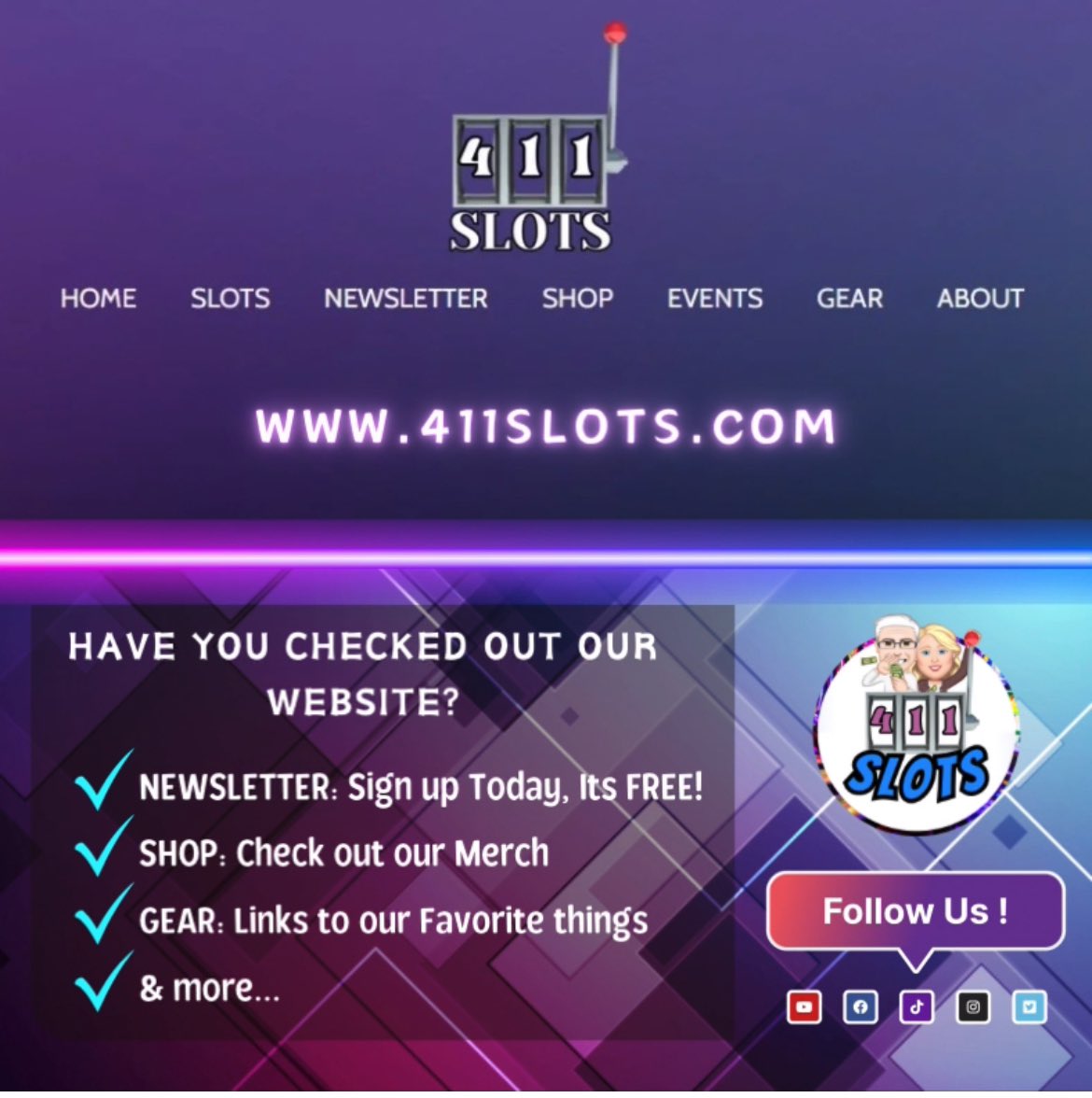 411Slots's tweet image. Have you checked out our Website? There is fun to be had and we don't want you missing out.
Free Newsletter, Our Shop, Our Favorite things under GEAR, and more!
#free #casino #newsletter #shop #411slots
