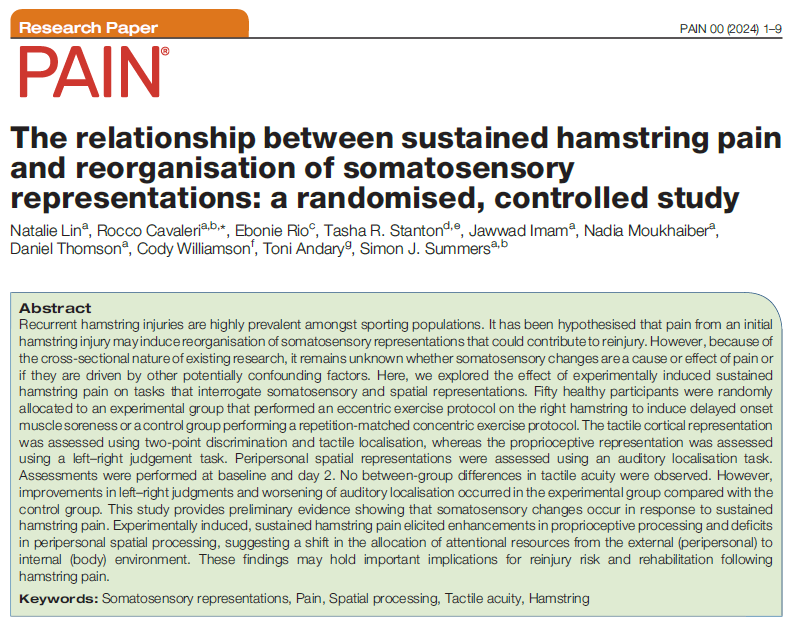 Rocco Cavaleri (@roccocavaleri) on Twitter photo Our latest <a href="/PAINthejournal/">PAIN Journal</a> paper shows that hamstring pain ENHANCED proprioceptive processing but IMPAIRED peripersonal spatial processing. Interesting implications for reinjury risk and rehabilitation 🦿🧠
Link: tinyurl.com/4wpndjc7
<a href="/tendonpain/">Ebonie Rio</a> <a href="/Tash_Stanton/">A/Prof Tasha Stanton</a> <a href="/SimonJSummers/">Simon Summers, PhD</a> Our latest <a href="/PAINthejournal/">PAIN Journal</a> paper shows that hamstring pain ENHANCED proprioceptive processing but IMPAIRED peripersonal spatial processing. Interesting implications for reinjury risk and rehabilitation 🦿🧠
Link: tinyurl.com/4wpndjc7
<a href="/tendonpain/">Ebonie Rio</a> <a href="/Tash_Stanton/">A/Prof Tasha Stanton</a> <a href="/SimonJSummers/">Simon Summers, PhD</a>