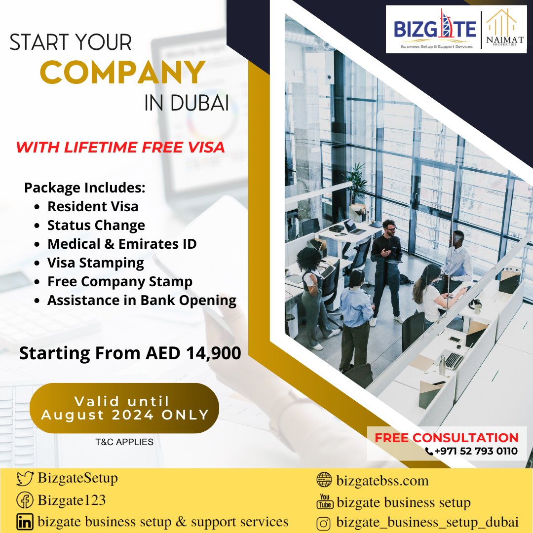BizgateSetup's tweet image. START YOUR COMPANY IN DUBAI
WITH LIFETIME FREE VISA

Valid until August 2024 ONLY

T&amp;amp;C Applies

Free Consultation
Contact us: 
Mobile: +971 52 793 0110
Email: advisor@bizgatebss.com

#dubaibusiness #dubai #uae #mydubai #dubailife #business #uaebusiness #abudhabi