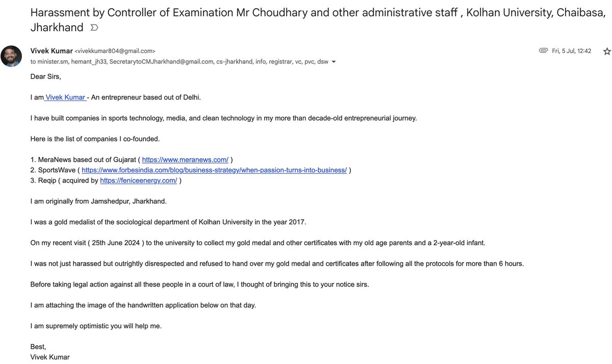 VKr_Tweet's tweet photo. @JharkhandCMO Siksha Kranti  😂@HemantSorenJMM @JharkhandCMO I am a gold medalist from your university who has been denied his certificates, medal, and harassed. 

No one is replying to my emails including @santoshgangwar 

Not one single phone number works sirs. https://t.co/6KhpzNWHci