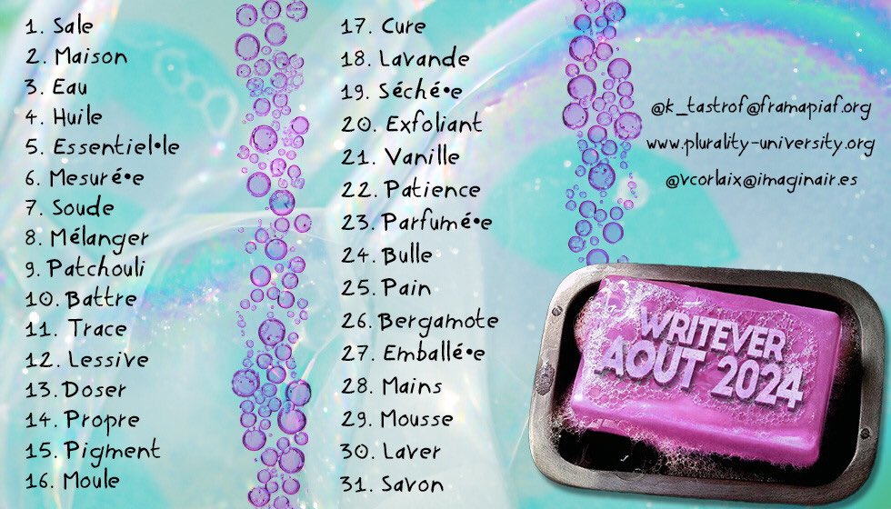 Go pour le #Writever d’août 2024, avec la liste de <a href="/VincentCorlaix/">Vincent Corlaix</a> et bien sûr toujours <a href="/k_tastrof/">Ketty Steward - Partie chez les éléphants bleus</a> ! 🫧 👇