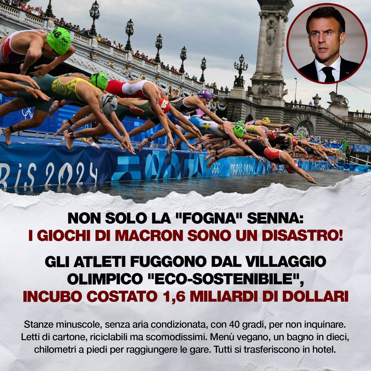 AlessioColzani's tweet photo. 🇫🇷 I #GIOCHI "ECOLOGICI" DI #MACRON SONO UN DISASTRO: GLI #ATLETI FUGGONO DAL #VILLAGGIO OLIMPICO

Stanze minuscole, senza aria condizionata, con 40 gradi, per non inquinare. Letti di cartone, riciclabili ma scomodissimi. Menù vegano, un bagno in dieci, chilometri a piedi... https://t.co/18VUSLe25a