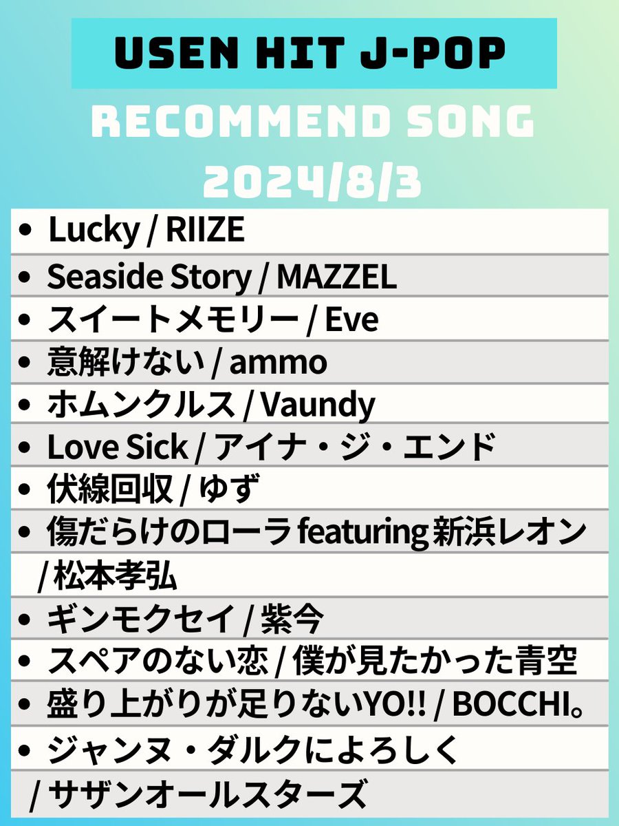 【8/3～のUSEN HIT J-POP注目曲】 
気になるアーティストがいたらリポスト😘