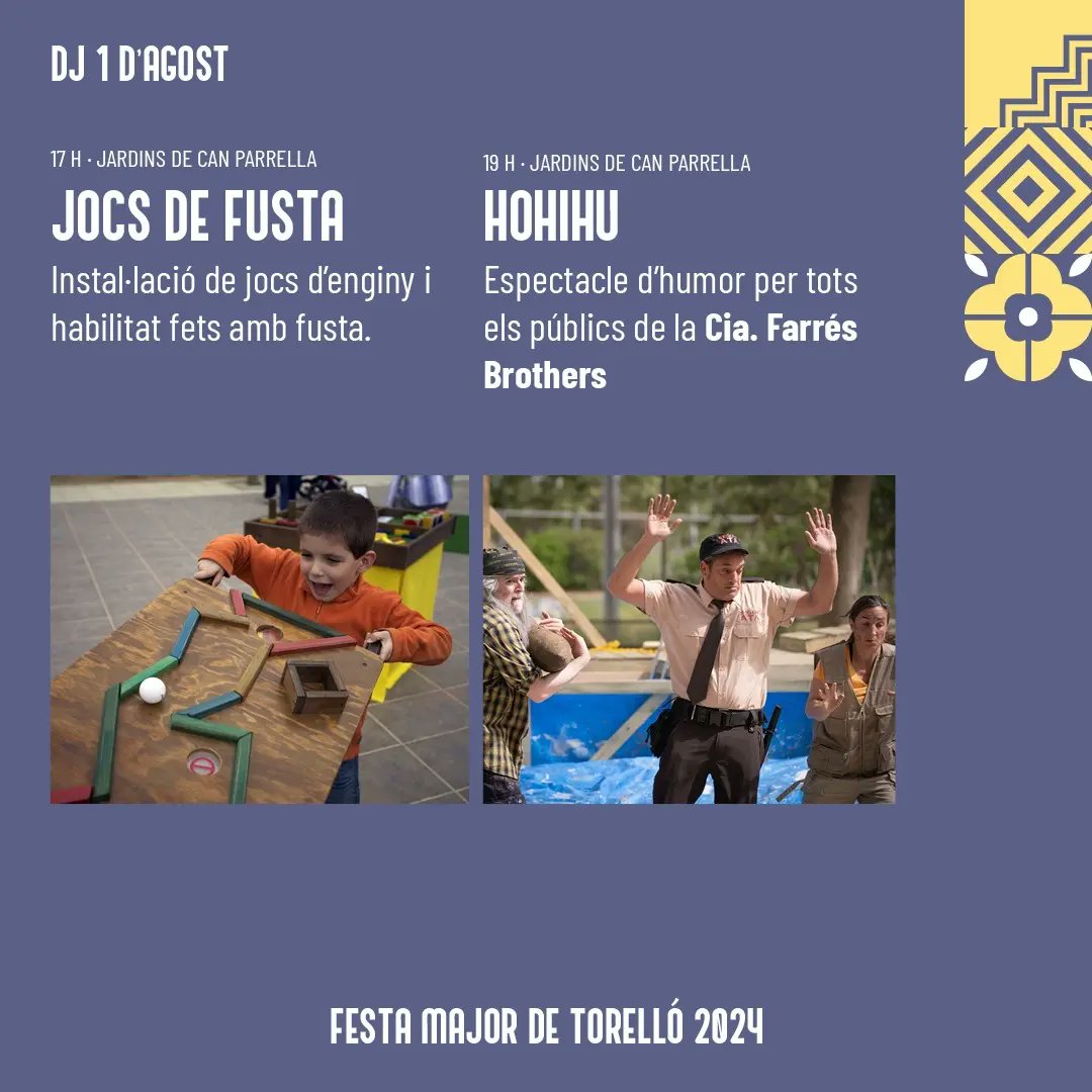 Festa Major Torello (@fmajortorello) on Twitter photo Aquesta tarda, petits i grans, teniu dues bones opcions per suportar la calor. A l'ombra dels jardins tindrem "jocs de fusta" i l'espectacle d'humor per tots els públics, HOHIHU, de <a href="/Farresbrothers/">Farrés Brothers</a>
#fmtorello2024 <a href="/AjTorello/">Ajuntament de Torelló</a> Aquesta tarda, petits i grans, teniu dues bones opcions per suportar la calor. A l'ombra dels jardins tindrem "jocs de fusta" i l'espectacle d'humor per tots els públics, HOHIHU, de <a href="/Farresbrothers/">Farrés Brothers</a>
#fmtorello2024 <a href="/AjTorello/">Ajuntament de Torelló</a>