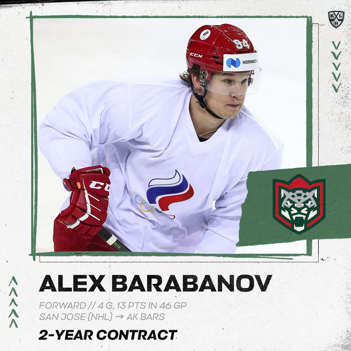 After 4 seasons in the NHL (107 PTS in 206 GP), 30-year-old forward Alexander Barabanov returns home.