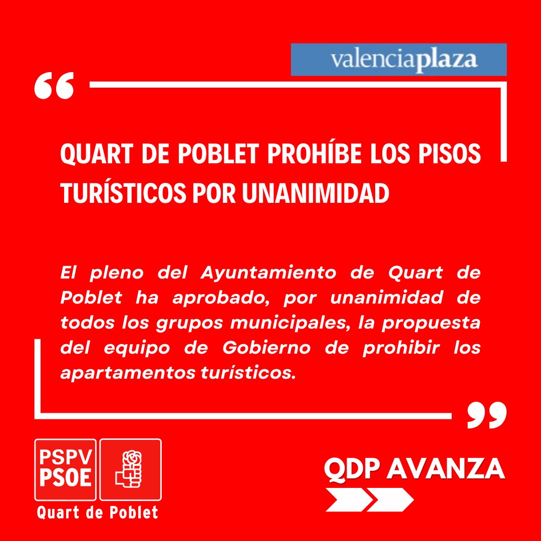🏠Quart de Poblet prohíbe los pisos turísticos por unanimidad 

🔗 Lee la noticia: valenciaplaza.com/quart-de-poble…