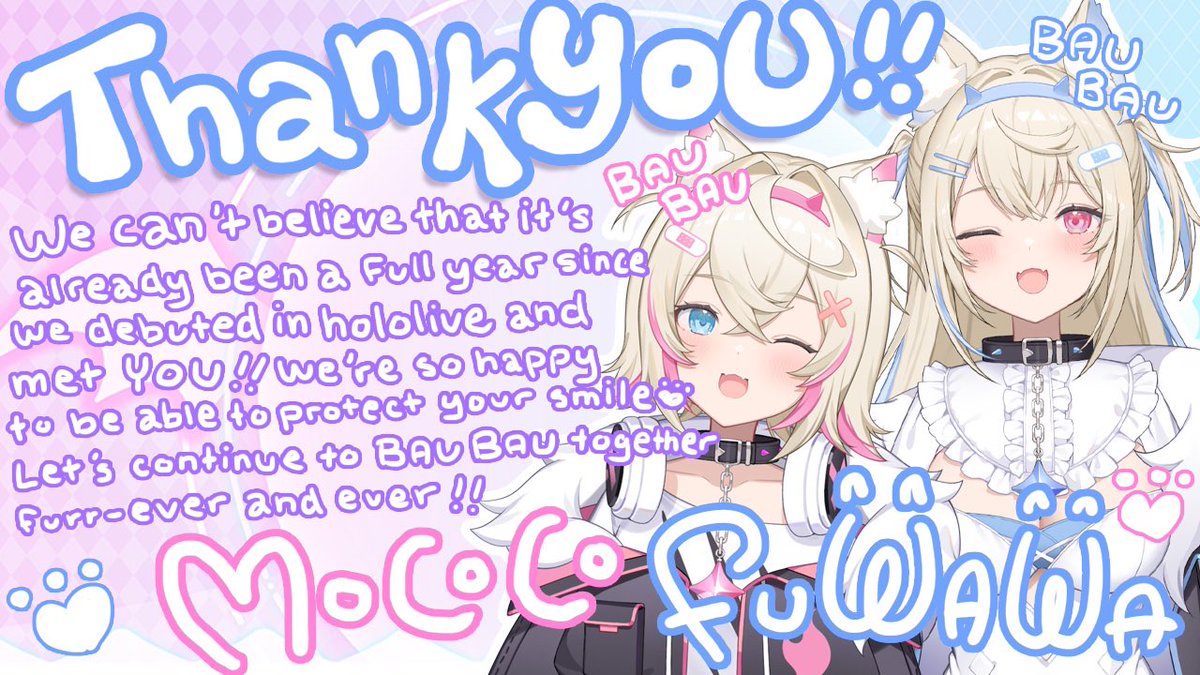 fuwamoco_en's tweet photo. BAU BAUー！！🐾🩵🩷 

Thank you for 1 year of letting us protect your smile!! ✨ We’ll continue working like DEMON DOGS into our 2nd year as members of hololive!

#FWMC1st https://t.co/alAsNdb2lA