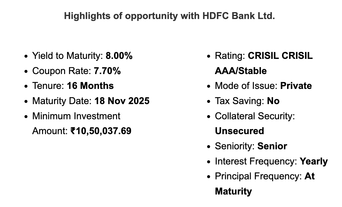 AlphaTribe_in's tweet photo. #HDFCBank offering corporate bond at 8% where as it offers Savings Acct / FD at 4%

There would be thousands of people with more than 10L in their hdfc fd's, they'll continue to get 4% only.

I think it'll be wiser for people to break HDFC FDs and invest in this https://t.co/hit7JtUg90