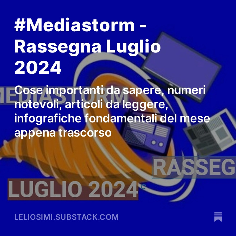 Ho pubblicato nuovo numero mia #newsletter in formato "rassegna" 

Si parla, tra le altre, cose di:
- #EquoCompenso AgCom.
- Quanto vale il settore #TV in Italia
- I ricavi dei #media italiani
- L’incredibile storia del re dei “Chumbox”.

leliosimi.substack.com/p/mediastorm-r…