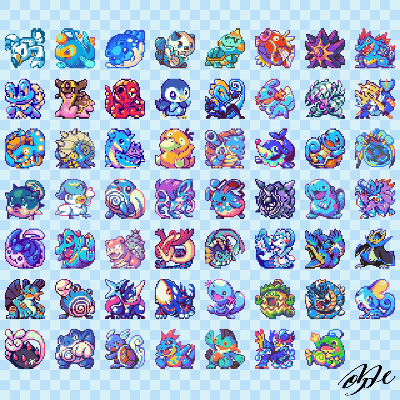 ポケモン 水タイプ 手描き イラスト A4大サイズ Aki Shimamoto