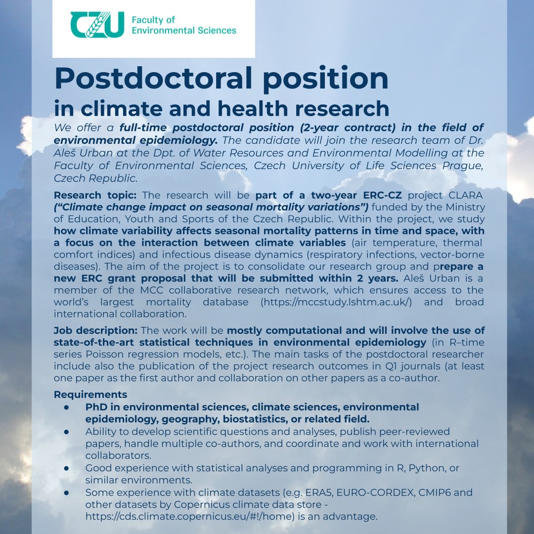 researchjobs.cz (@researchjobs_cz) on Twitter photo #Postdoctoral position in #climate and #health #research available at the Faculty of #EnvironmentalSciences, Czech University of #LifeSciences #Prague <a href="/fzpczu/">FŽP ČZU v Praze</a>
Read more: researchjobs.cz/qKsuH
#environmentalEpidemiology #geography #biostatistics #postdoc #postdocjobs #Postdoctoral position in #climate and #health #research available at the Faculty of #EnvironmentalSciences, Czech University of #LifeSciences #Prague <a href="/fzpczu/">FŽP ČZU v Praze</a>
Read more: researchjobs.cz/qKsuH
#environmentalEpidemiology #geography #biostatistics #postdoc #postdocjobs
