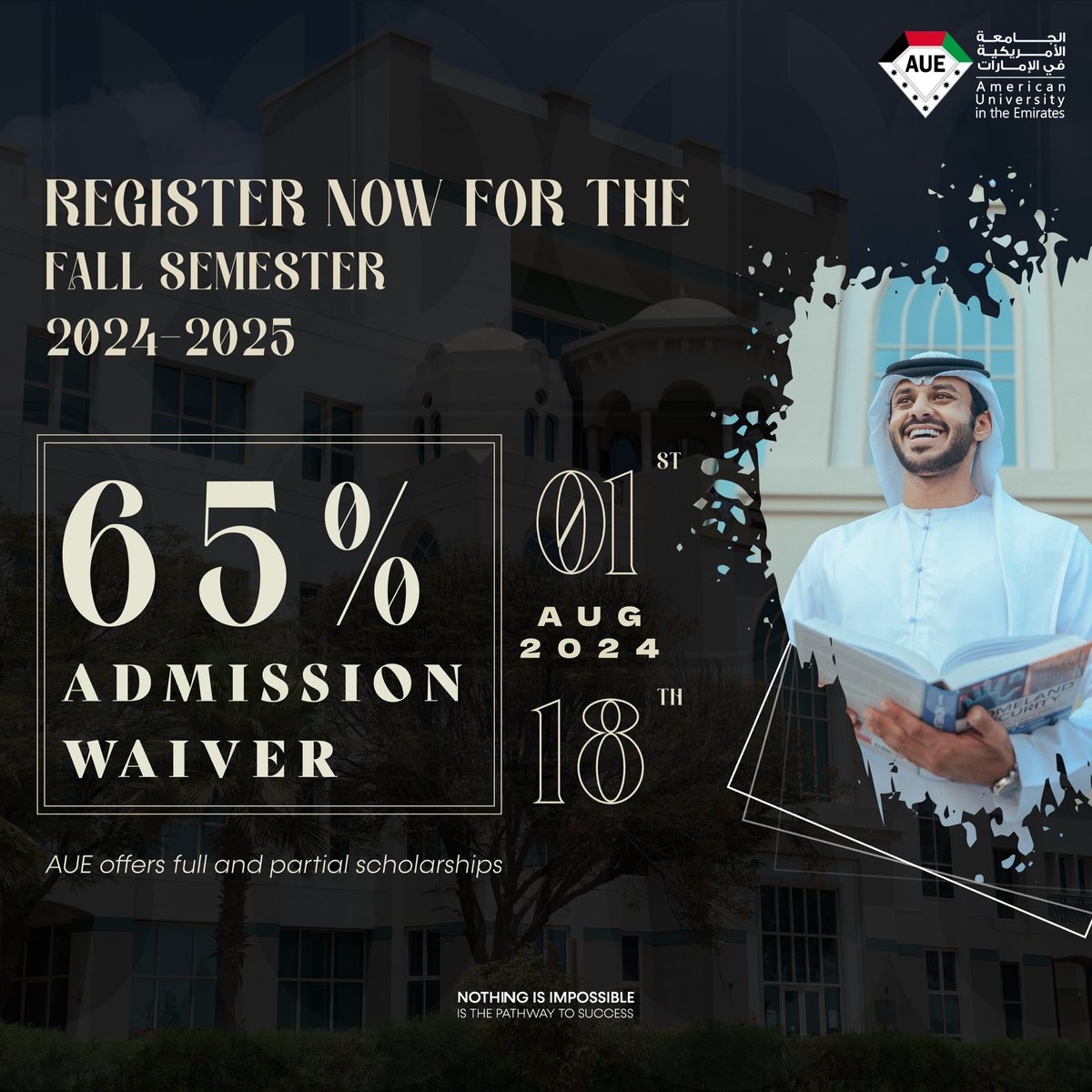 انضموا إلينا في أيام الأسبوع المفتوح في الجامعة الأمريكية في الإمارات من ١ إلى ١٨ أغسطس! 🎓

استفيدوا من إعفاء  65% على رسوم القبول و العديد من المنح الدراسية الكاملة و الجزئية.

استكشفوا حرم الجامعة، قابلوا أعضاء هيئة التدريس، وتعرفوا على البرامج الدراسية المميزة .