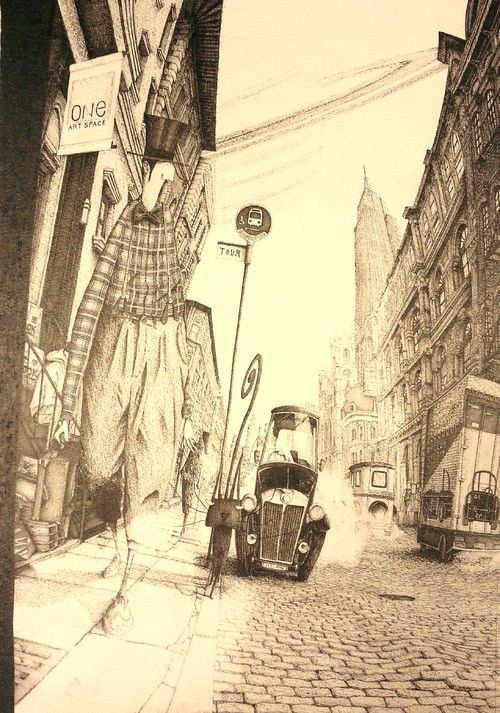昔、ニューヨークで初めて個展をした時に記念に描いた一枚。 車が右側