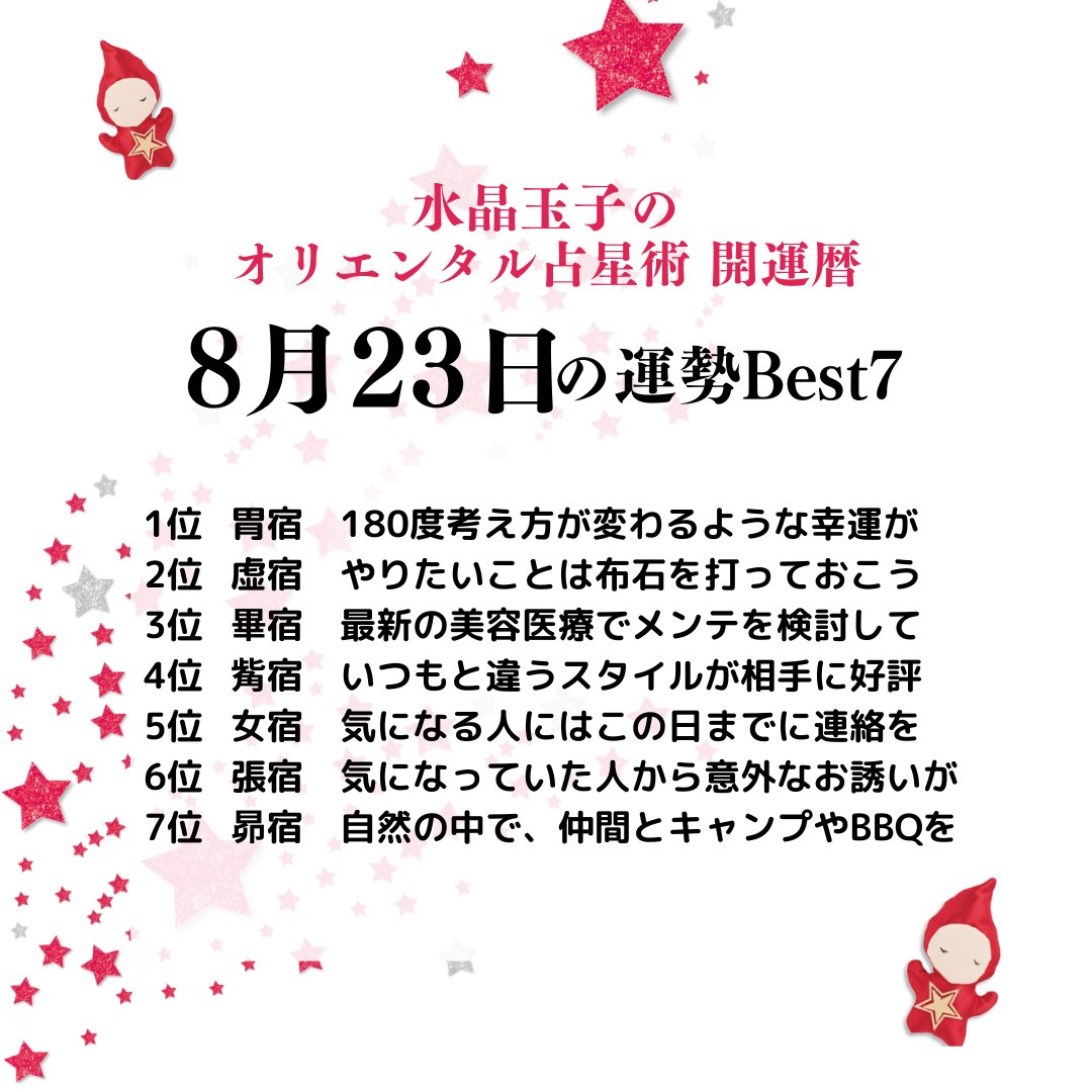 usagi_oriental's tweet photo. 8月23日の #毎日の運勢ランキングBest7
#水晶玉子
#開運暦2025
#オリエンタル占星術
#オリエンタル占星術開運暦
#毎日の運勢ランキング
#運勢ランキング
#Best7
#占い好き集まれ
#開運暦
#占星術
#星の子
#2025年の開運カラー は
#赤 #白 #シルバー です
@Suisho_Tamako https://t.co/1aXg4TBspQ