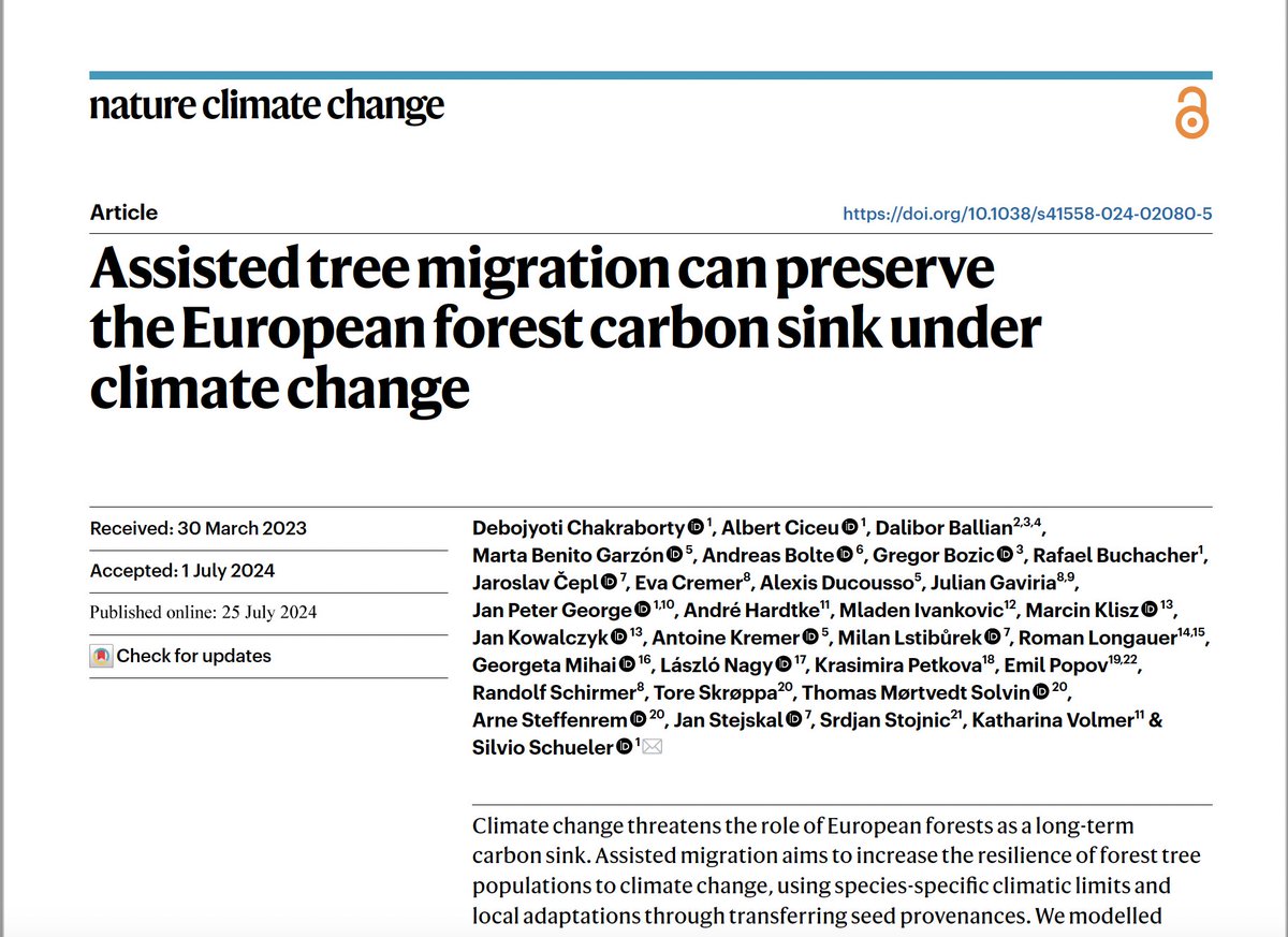 RJABuggs's tweet photo. "To increase forest resilience, coniferous trees need to be replaced by deciduous species over large parts of their distribution. If local seed provenances are used, this would result in a decrease of the current carbon sink (40 TgC/ yr) by 34–41% by 2061–2080. However, if seed provenances adapted to future climates are used, current sinks could be maintained or even increased to 48–60 TgC /yr." https://t.co/ARahFcAtPP