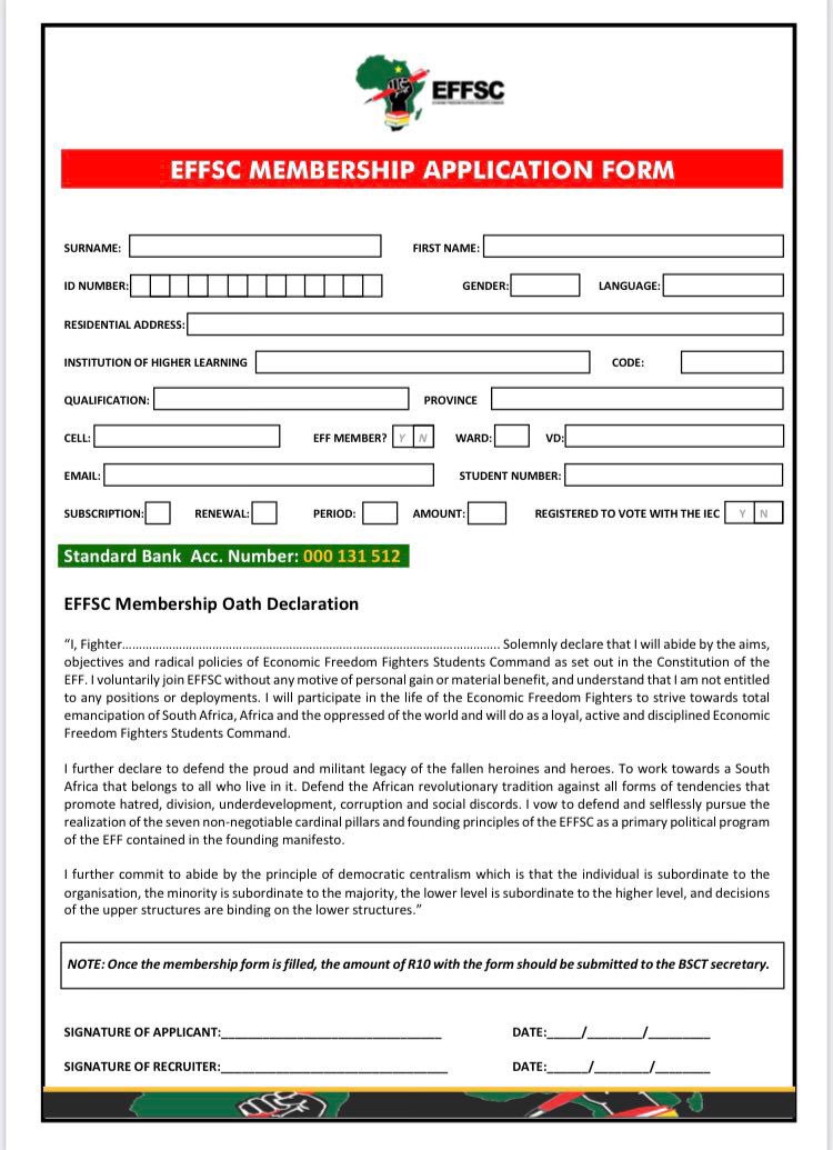 EFFYouthCommand's tweet photo. ♦️JOIN THE EFFSC NOW♦️

To be a member of the EFFSC, you must register to vote with the Independent Electoral Commission (IEC) of South Africa, and join the EFF. 

All campuses must begin Mass Recruitment on Friday, 2 August 2024.

#EFFSC100KMembershipCampaign 
#JoinEFFSC https://t.co/XTkGRELQOy