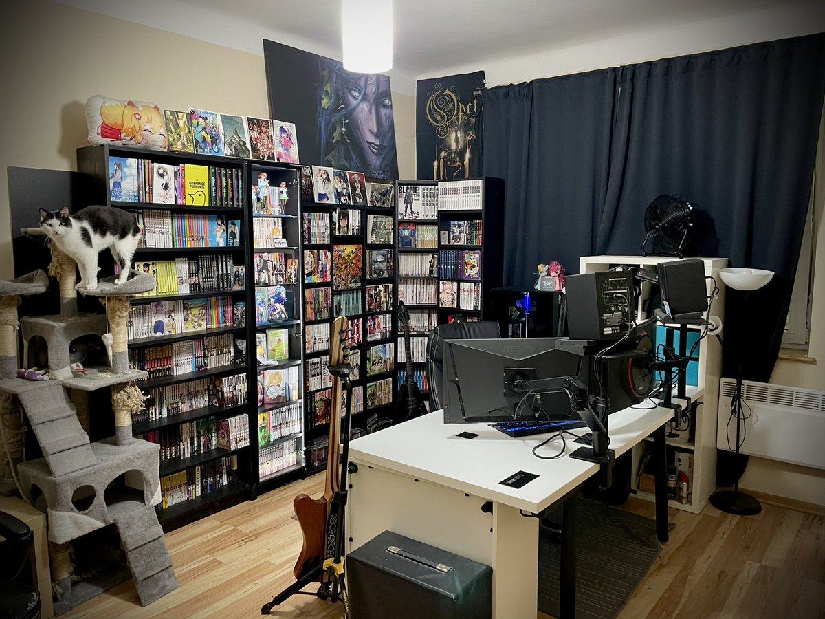 EnteWutender's tweet photo. @TheAn1meMan The corner of my living room I spend most time in.
(Not much more in the room - kitchen annex behind the monitors, bike and a lot of old stuff like old desk on wall opposite to the window.)

BTW: smaller monitor arm swings to face kitchen, so I can watch TT while cooking https://t.co/0ti8WDgoPy