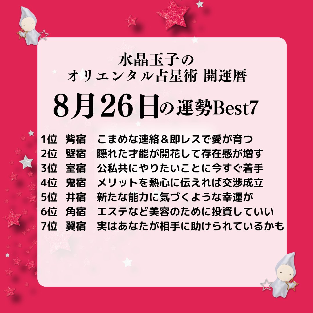 usagi_oriental's tweet photo. 8月26日の #毎日の運勢ランキングBest7
#水晶玉子
#開運暦2025
#オリエンタル占星術
#オリエンタル占星術開運暦
#毎日の運勢ランキング
#運勢ランキング
#Best7
#占い好き集まれ
#開運暦
#占星術
#星の子
#2025年の開運カラー は
#赤 #白 #シルバー です
@Suisho_Tamako https://t.co/jwdkmCcKxt