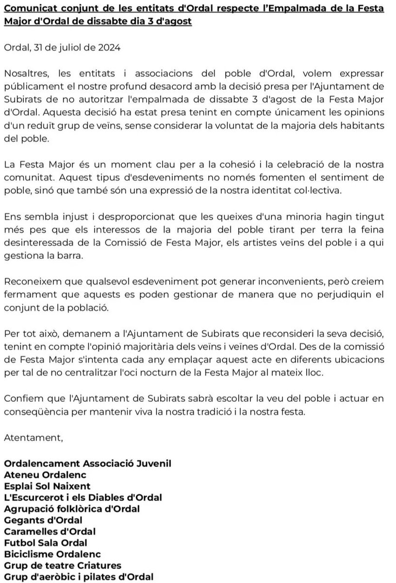 Ens omplim la boca de comunitat i acabarem fent un poble dormitori. Ens estem carregant la feinada de persones voluntàries que cada any s'ho curren per a poder mantenir aquesta identitat i manera de fer que ens caracteritza. Gràcies #ajuntamentdesubirats