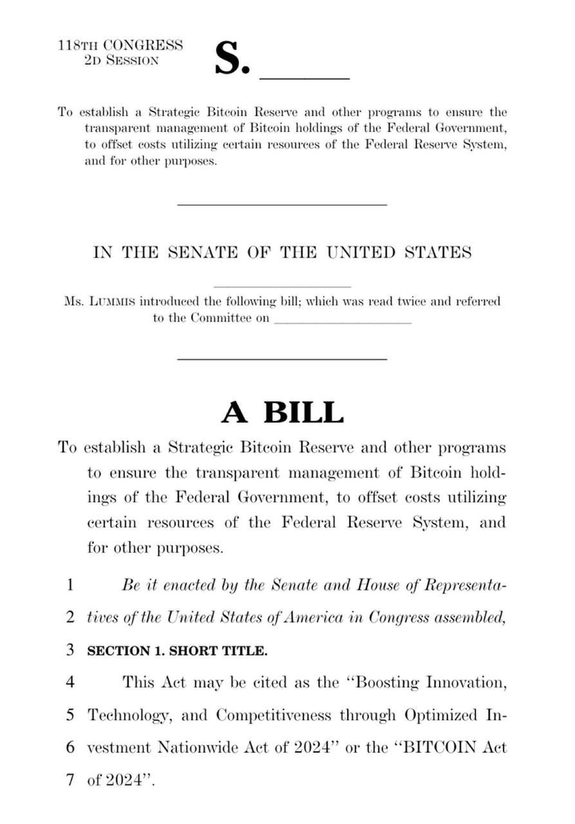TheDCW_X's tweet photo. Senator Cynthia Lummis officially introduces a bill to establish a Strategic #Bitcoin Reserve for the USA https://t.co/JjDTEeX7HI