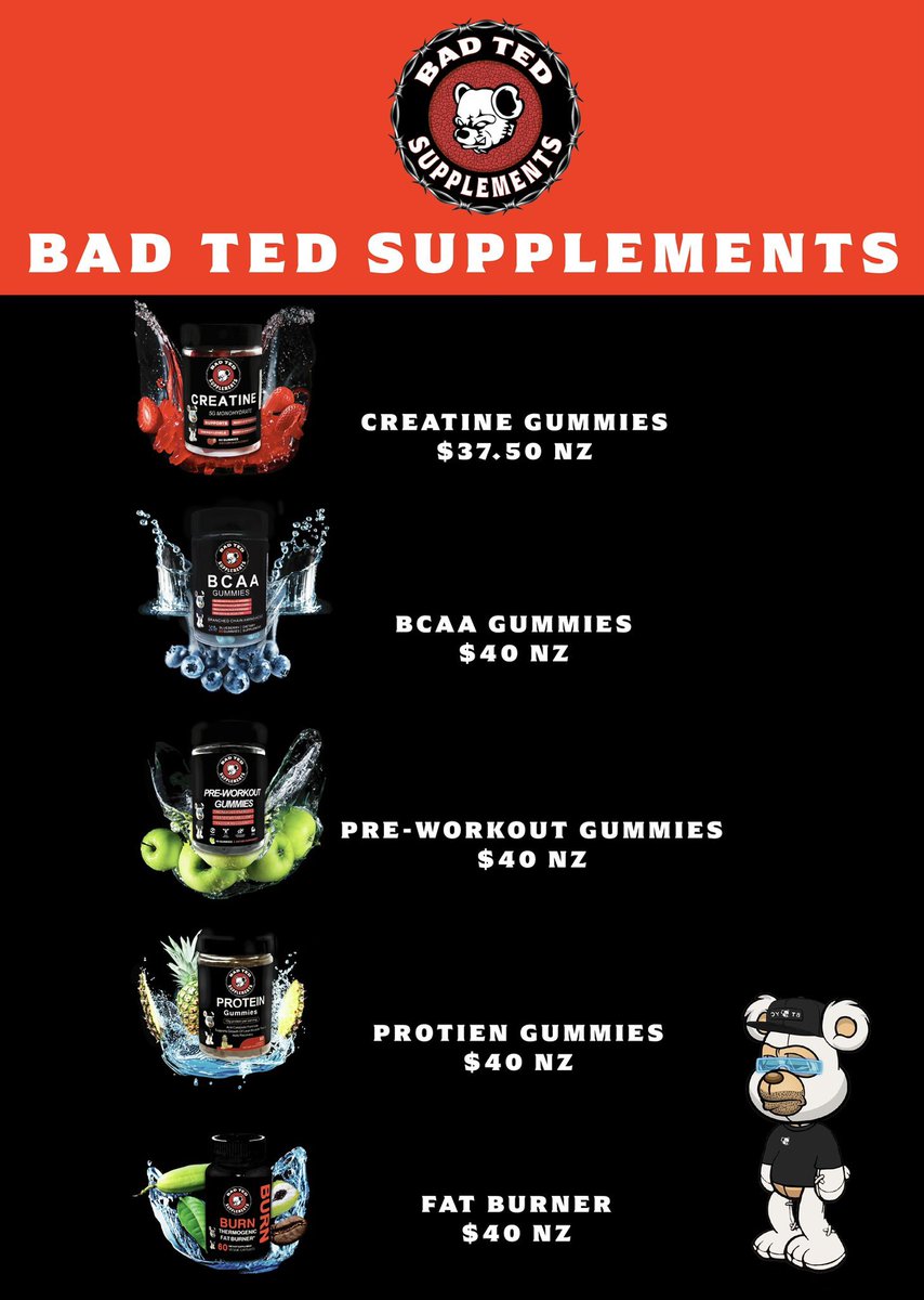 TEDS DEN (@tedsden) on Twitter photo 🐻 Well now <a href="/BadTedYC/">Bad Ted Yacht Club</a> @TedSupplements have now got there BAD TED CREATINE /BCAA/pre-workout gummies selling in USA UK and new-Zealand 50% sales profits going to holders as rewards 🐻🏋️also protein gummies and fat burner capsules and sea moss capsules 🐻just different 🐻 Well now <a href="/BadTedYC/">Bad Ted Yacht Club</a> @TedSupplements have now got there BAD TED CREATINE /BCAA/pre-workout gummies selling in USA UK and new-Zealand 50% sales profits going to holders as rewards 🐻🏋️also protein gummies and fat burner capsules and sea moss capsules 🐻just different