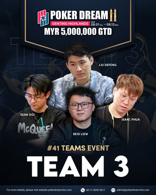 Let's representing Poker Dream11 Malaysia Team Event,
Team 1、2、3
Show your best and put your mark at Poker Dream11 Malaysia !!!

#QQPOKER #POKERTOURNAMENT #PokerDream11Malaysia