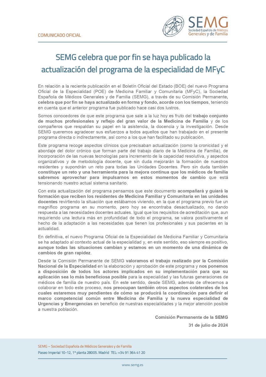 📢COMUNICADO OFICIAL📃

La Comisión Permanente de #SEMG valora el trabajo realizado por la Comisión Nacional de la Especialidad en la elaboración y aprobación del nuevo Programa Oficial de la Especialidad (POE) de #MFyC, y se pone a disposición de todos los actores implicados en