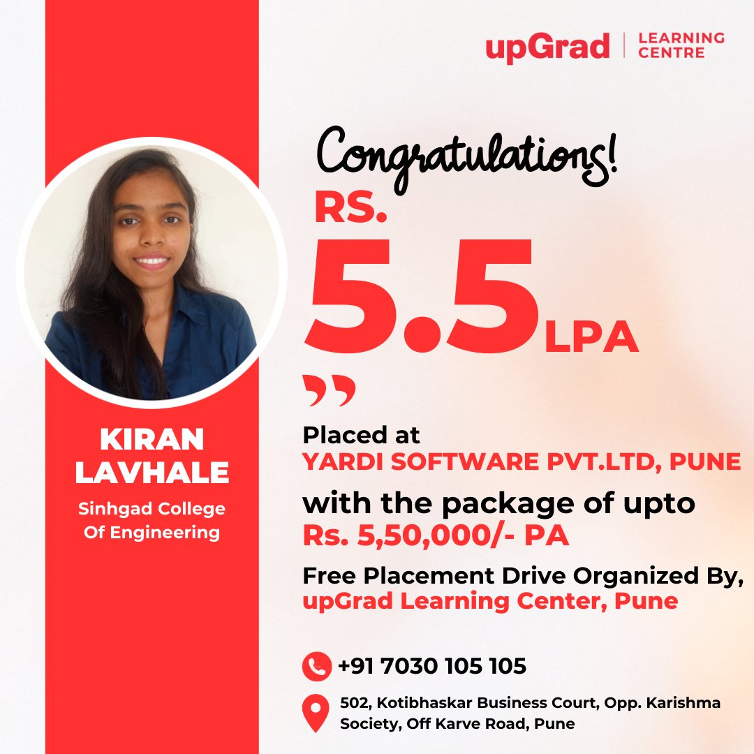 upGradOffline's tweet photo. Empowering dreams at upGrad Learning Centre, Pune! 🚀
Thrilled to announce our recent success - a talented candidate Kiran Lavhale placed at Yardi Software India with the pacakge of Rs.5.5 LPA.🌟

Free Placement Drive conducted by upGrad Learning Center, Pune https://t.co/g68yjOgtPS