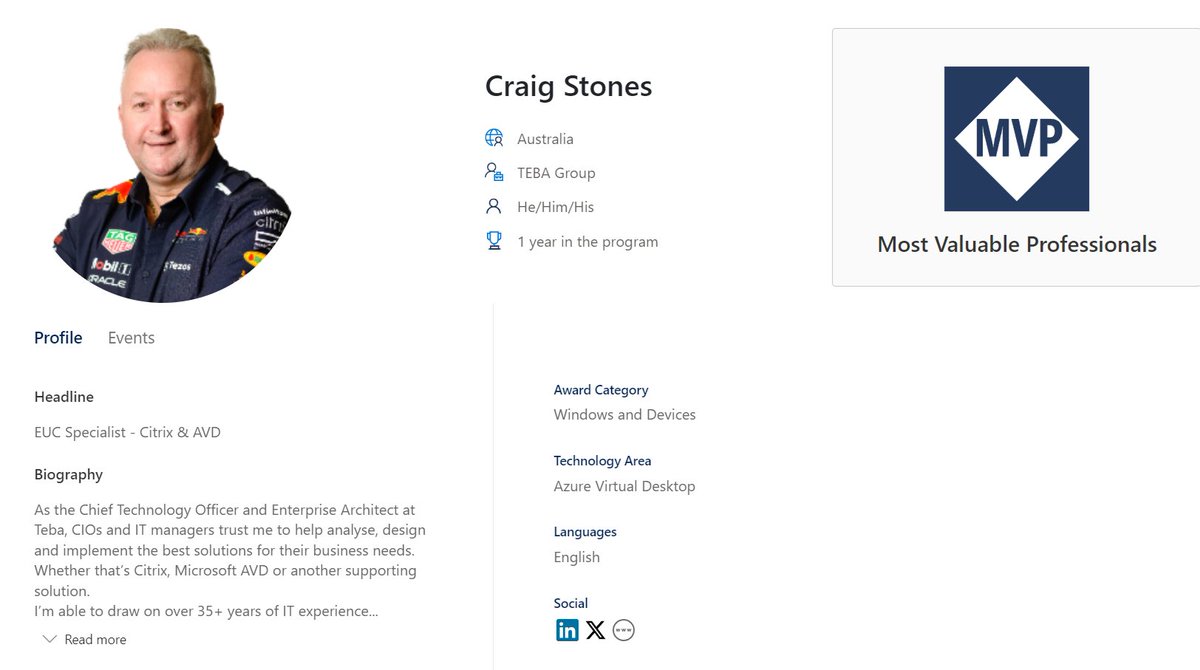Super proud to share that I have been awarded Microsoft Most Valuable Professional in the Windows and Devices Award Category, Technology Area Azure Virtual Desktop! This marks my first year as an MVP. 
Congratulations to all new and renewing MVPs.