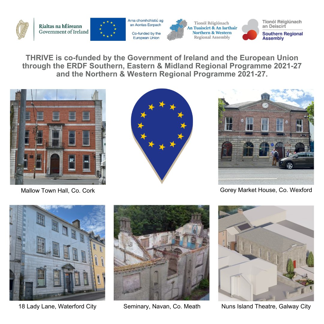 SouthernAssembl's tweet photo. €32 million has been granted to revive 5 heritage buildings through THRIVE!

Gorey, Mallow, Waterford City, Navan, and Galway will breathe new life into historic public buildings while preserving their rich history. 

#heritagebuildings #euinmyregion #ERDF #NewEuropeanBauhaus https://t.co/b7l4iH1Jmk