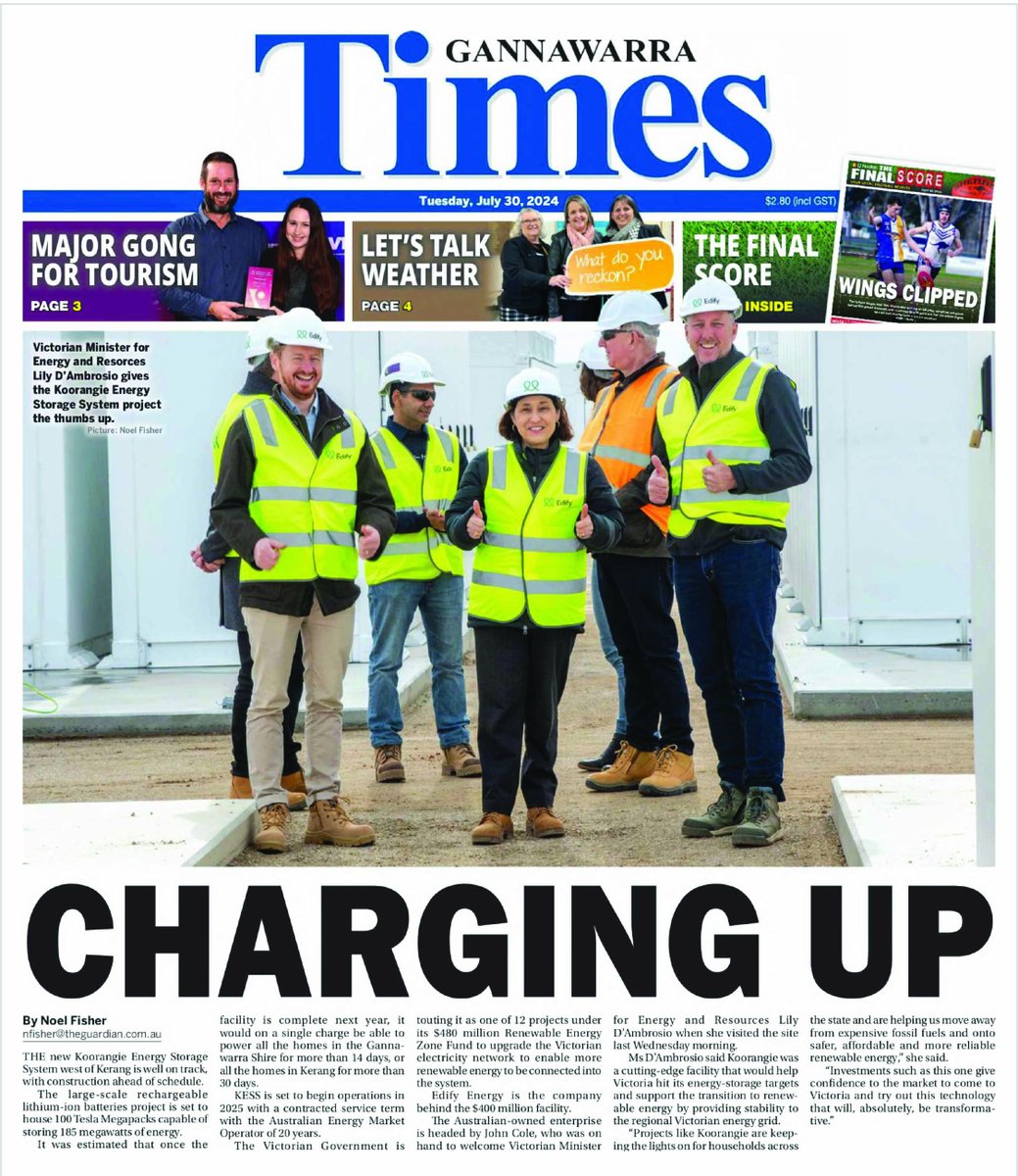 Great write up in the Gannawarra Times.  Thanks for taking the time Noel Fisher to come out to site, spend time with us.  We enjoyed hosting our visitors at the Koorangie Energy Storage construction site. 
#renewableenergy #renewables #energystorage #energyytransition