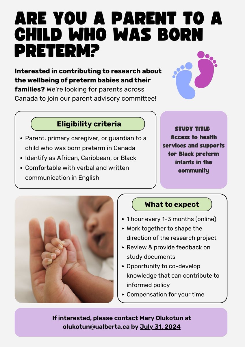 A fabulous PhD student working with I and <a href="/gillylemons/">Gillian Lemermeyer she/her</a>  , <a href="/oluk_mo/">Mary Olukotun (she/her)</a> , is completing her work with Black parents who have had a preterm child 

She is setting up an advisory committee. If you are a Black parent who has ever had a preterm child, please consider getting involved
