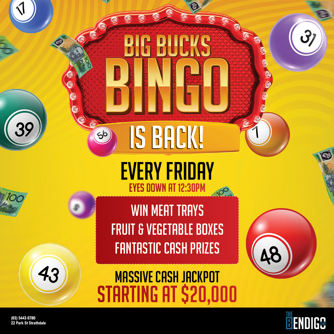 BendigoClub's tweet photo. Friday BIG BUCKS BINGO starting at 12.30pm

Current major jackpot prize is  $21,000! 

Prizes include meat trays, fruit &amp; vegetable boxes + fantastic cash prizes!

$6 first 15 games
$5 next 5 games
$2 per ticket/$12 for full sheet to play Big Bucks Bingo for the major  jackpot! https://t.co/SAH6BksF5i