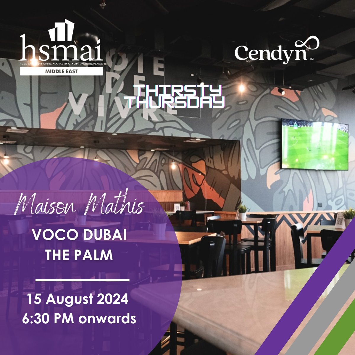 Sunset Sip Masters - join us for a chilled evening! 🍹

Connect with fellow hospitality pros in a vibrant atmosphere. Plug in August 15, 2024 at the Maison Mathis, voco Dubai The Palm. Our co-hosts, <a href="/Cendyn/">Cendyn</a> will be around! 
Book now 👉 hsmaime.org/product/ttdxb/

#ThirstyThursday