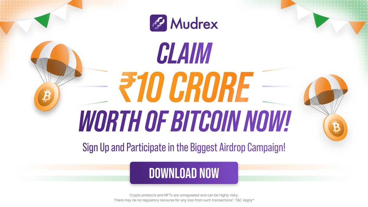 10 Crore worth of Bitcoin Airdrop!! 

📢 Big News from  <a href="/officialmudrex/">Mudrex</a> !! 🚀🚀

🔥 India's BIGGEST Bitcoin Airdrop is LIVE! 🔥
💰 Get up to ₹10,000 worth of Bitcoin! 💰

Sign Up and complete your KYC on Mudrex App
Download Now: mudrexmobile.page.link/QHfr6ZTGpfULUq…

And here's how you can