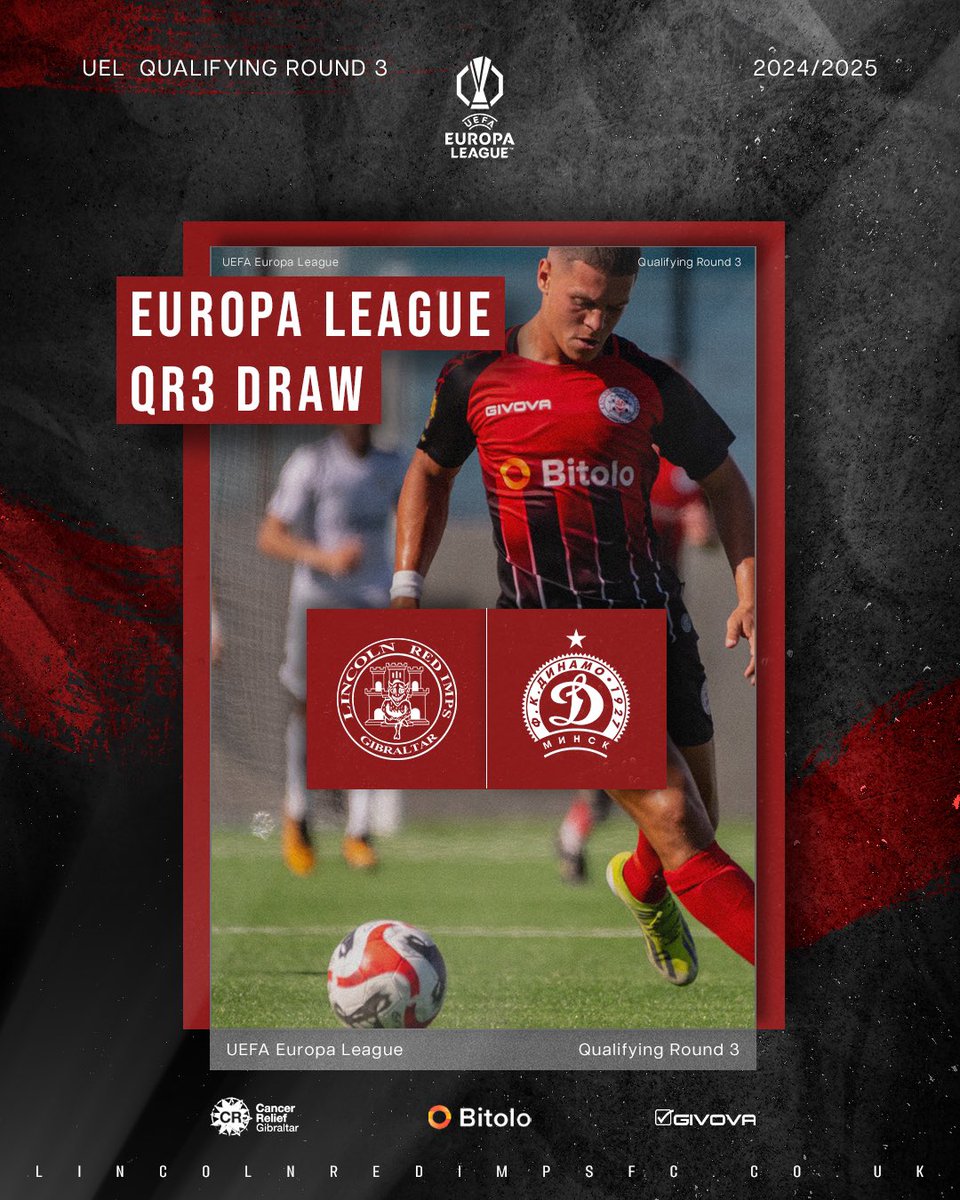 Lincoln Red Imps FC (@lincolnredimps) on Twitter photo 🔴 Match information ⚫️
We will face <a href="/FC_Dinamo_Minsk/">ФК Динамо Минск</a> in the Third Qualifying Round of the UEFA <a href="/EuropaLeague/">UEFA Europa League</a>
First leg ➡️ 8th August (away)
Second leg ➡️ 15th August (home)
#LRI #UEL 👹 🔴 Match information ⚫️
We will face <a href="/FC_Dinamo_Minsk/">ФК Динамо Минск</a> in the Third Qualifying Round of the UEFA <a href="/EuropaLeague/">UEFA Europa League</a>
First leg ➡️ 8th August (away)
Second leg ➡️ 15th August (home)
#LRI #UEL 👹