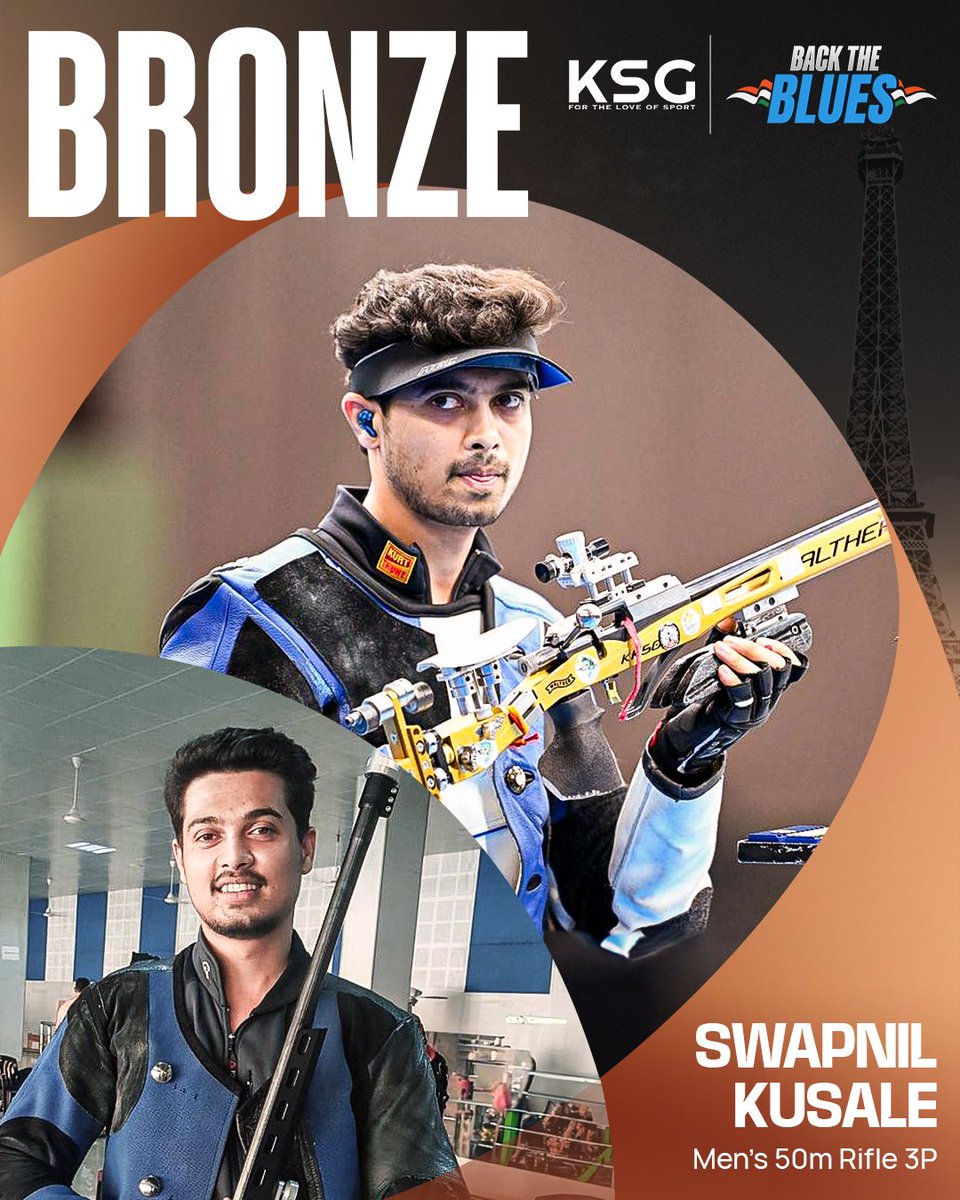 KankanalaSports's tweet photo. 🇮🇳 𝗧𝗵𝗶𝗿𝗱 𝗺𝗲𝗱𝗮𝗹 𝗳𝗼𝗿 𝗜𝗻𝗱𝗶𝗮! Take a bow, Swapnil Kusale! The shooter brings home the bronze medal in the Men's 50m Rifle 3P event.

👏 Incredible shooting from him!

👉 Follow @KankanalaSports and be a part of our sporting journey!

📷 Pics belongs to the respective owners • #KankanalaSports #KSG #KSGSports #Paris2024 #Paris2024Olympics #Olympics