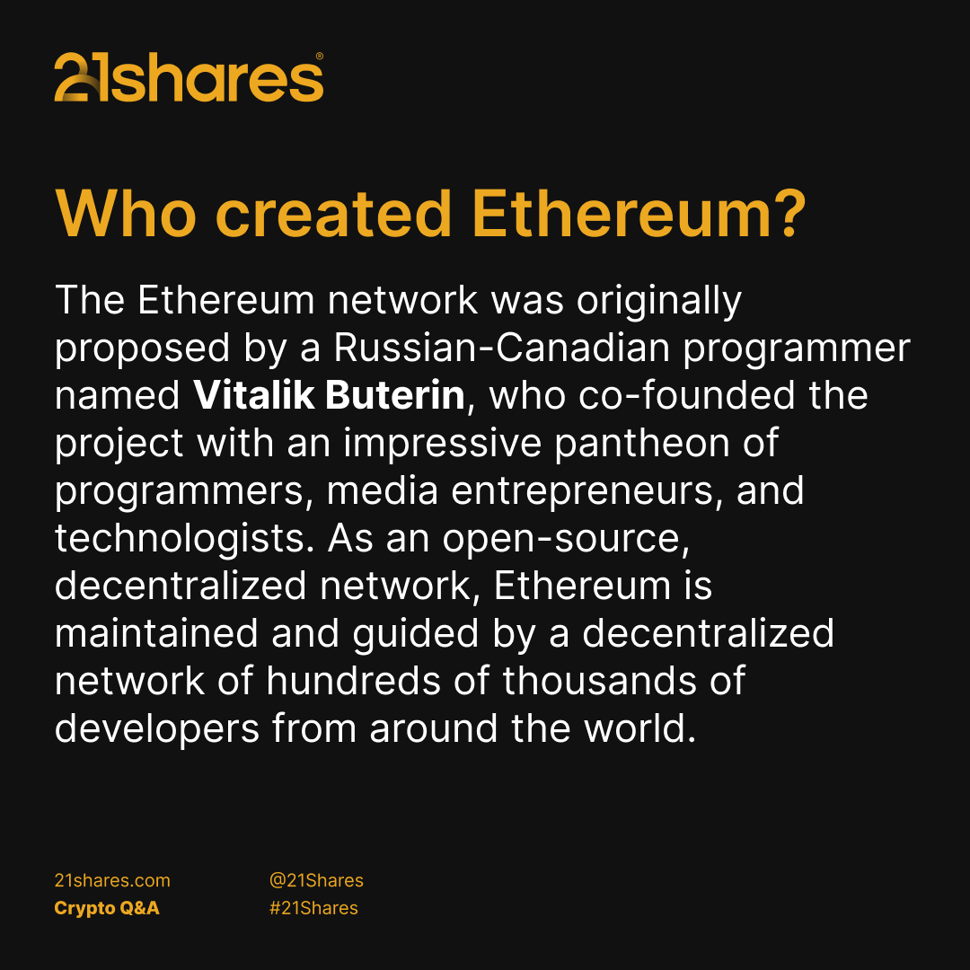 21shares's tweet photo. Week 2 of our #EthereumExplained series is here! We’re answering the internet’s burning questions: When was Ethereum’s first block mined? What is the London Hard Fork? Who created Ethereum? Stay tuned with 21Shares to demystify the world of #Ethereum. #CryptoEducation https://t.co/9ijFuNZzMA