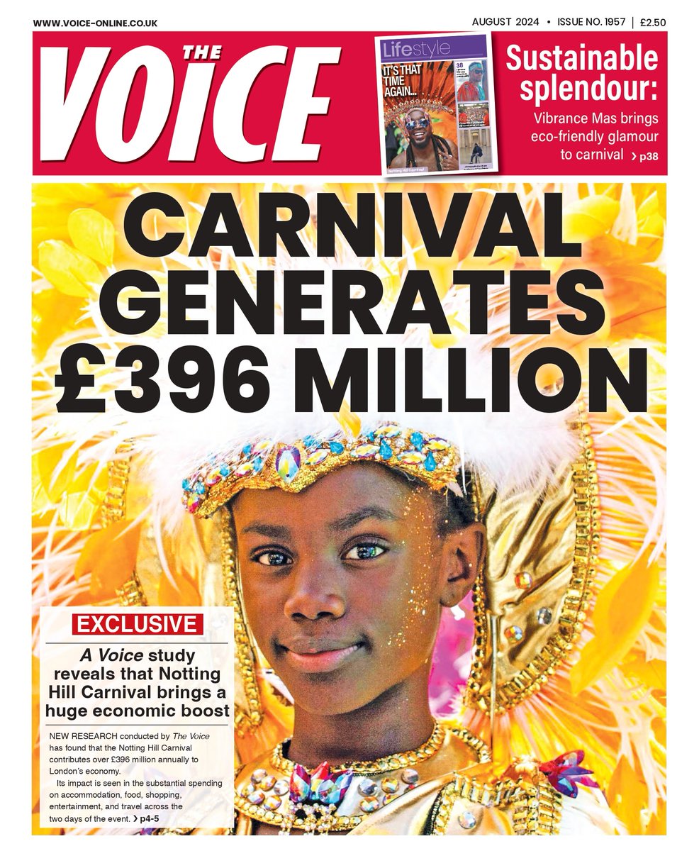 Out today!!   The AUGUST issue of the VOICE NEWSPAPER  💫✨

Featuring an in-depth feature into the economic impact of Nottinghill Carnival.. 🔥

48 pages of news, sports, lifestyle &amp; entertainment, features and opinions..  

Get your copy from selected UK stores or buy online!