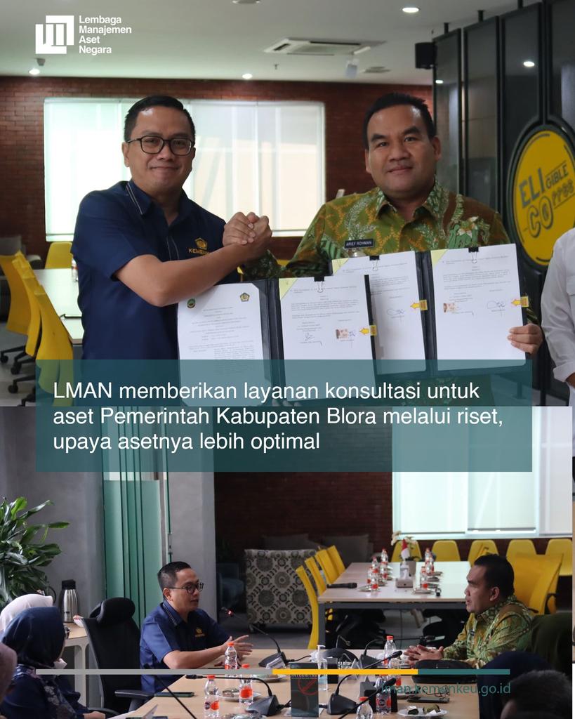 BLU_LMAN's tweet photo. #SahabatAset, MinAset mau kasi info nih
Kemarin, LMAN dan Pemerintah Kabupaten Blora menandatangani nota kesepakatan kerja sama, salah satunya adalah layanan advisory optimalisasi aset. 

Advisory itu apa sih? 
Jadi melalui layanan advisory, LMAN memberikan pendampingan, https://t.co/sz3T19qzRG