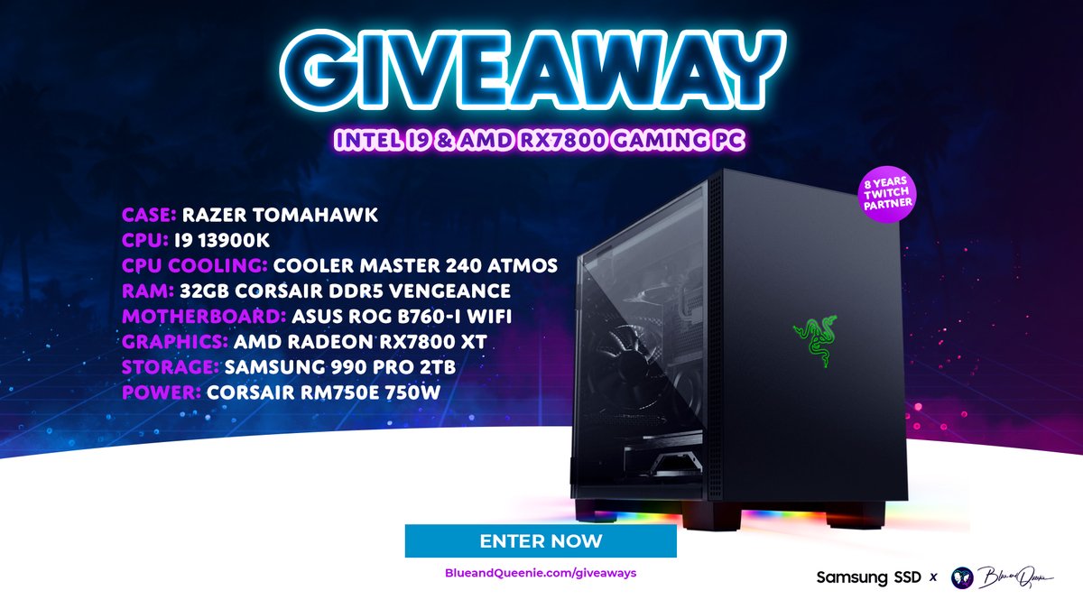 QueenieandBlue's tweet image. 🎉 GAMING PC #GIVEAWAY 🎉

To celebrate 8yrs Twitch Partnership we're teaming up with @SamsungUK to giveaway a badass Gaming PC!

🔸Follow @BlueandQueenie
🔸Follow @QueenieandBlue
🔹Retweet
🔹Tag a friend
➡️ Enter blueandqueenie.com/giveaways #ad