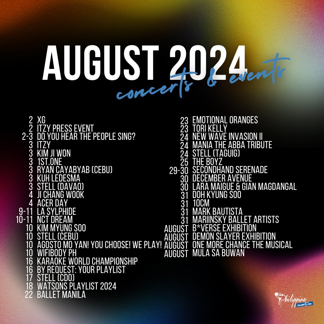 philconcerts's tweet photo. Meet me at concert halls 🎤 Before August slips away into a moment in time, here are this month's concerts and events to live for the hope of it all 🎶

Which artists are you seeing in August? https://t.co/o9EVquPIO6