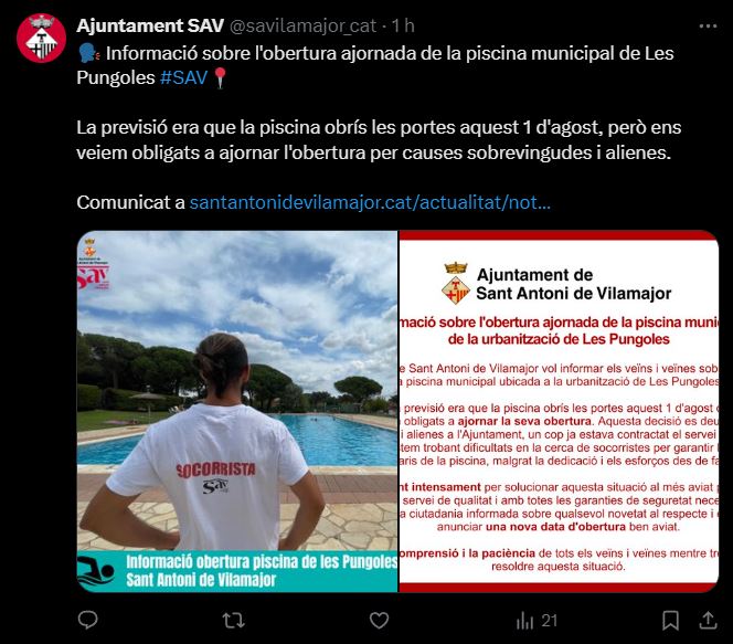 bparera's tweet photo. Seriosos dubtes que l'actual govern tingui voluntat d'obrir la piscina de Les Pungoles aquest estiu. La previsió i la planificació segueixen essent una tasca pendent de @canvi_cat. https://t.co/Cy92anopXj