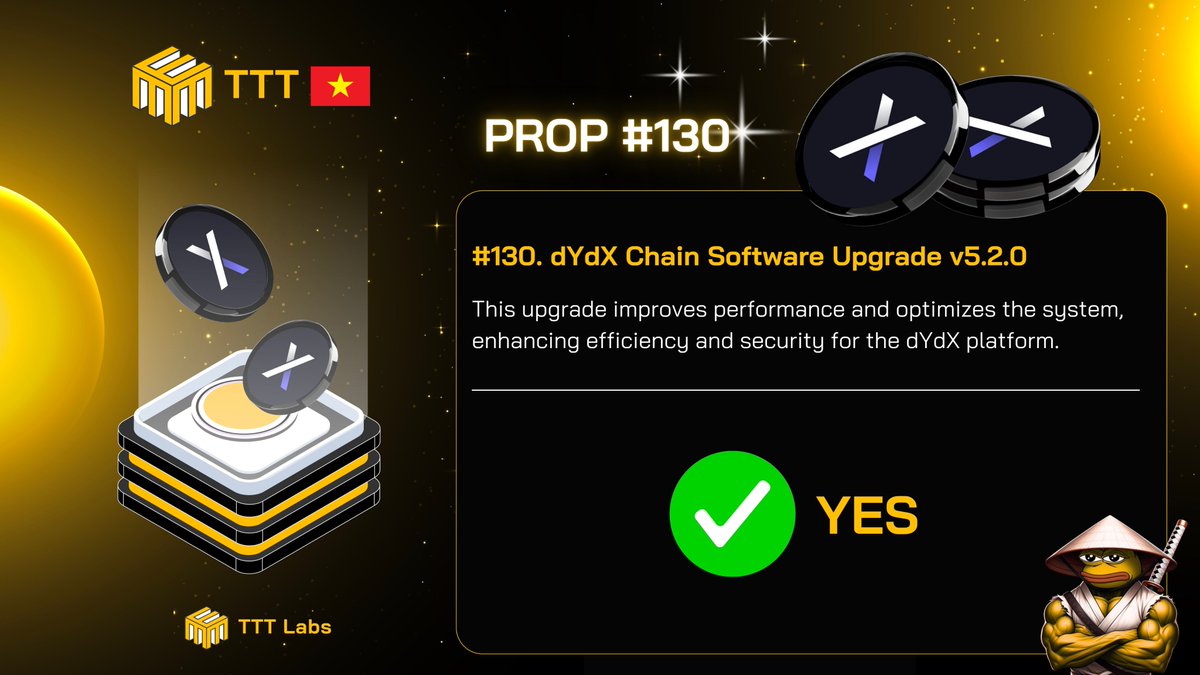 ttt_lab's tweet image. $DYDX Proposal #130:
dYdX Chain Software Upgrade v5.2.0

TTT 🇻🇳 votes YES ✅

⌛️Voting Period: Aug 1st 2024, 12:00:20 ~ Aug 5th 2024, 12:00:20

📍Proposal:
mintscan.io/dydx/proposals…

#dydx #proposals #ttt