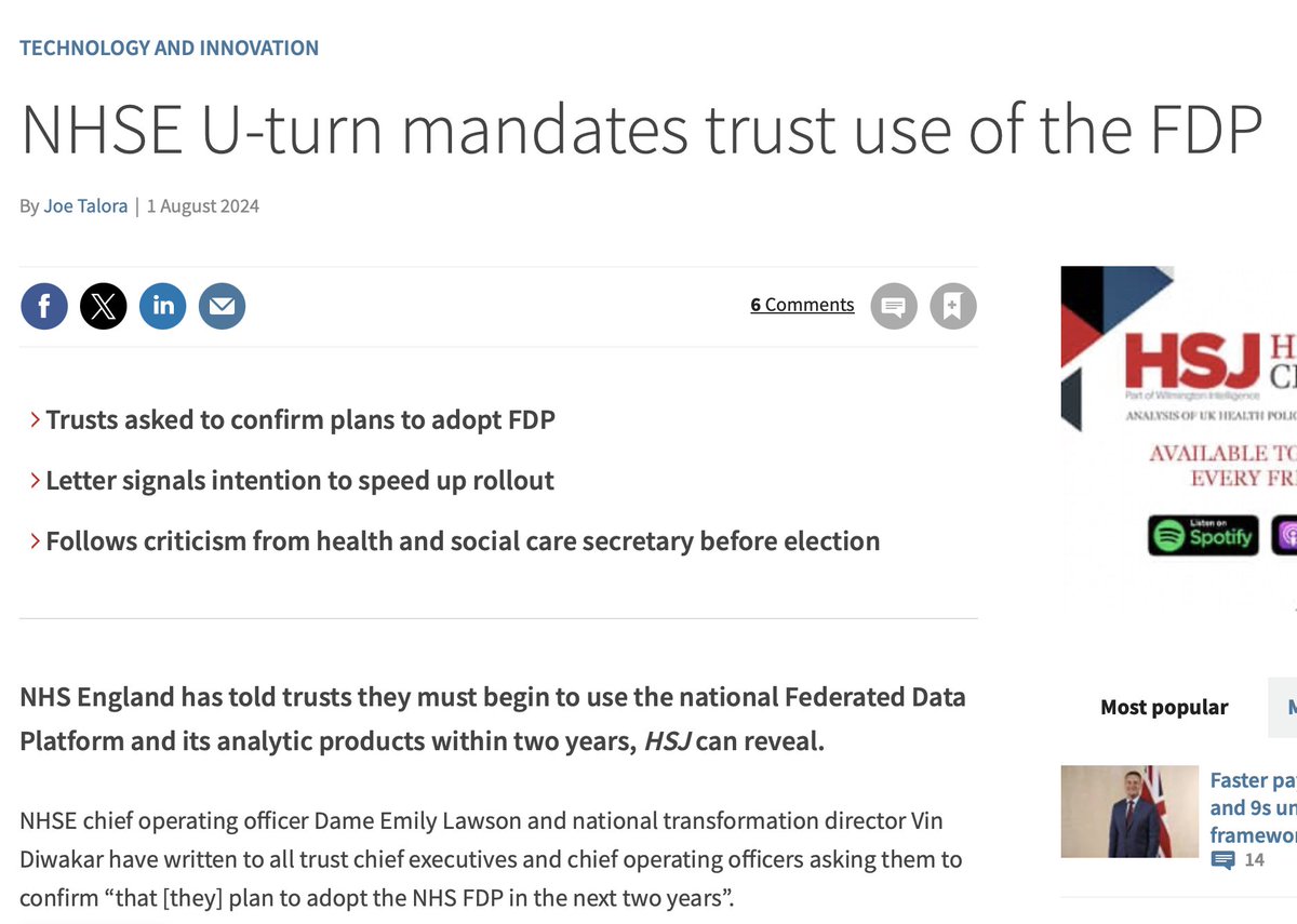 peterkwells's tweet photo. NHS England mandates NHS trusts in England to adopt the centralised Federated Data Platform https://t.co/wNWLSJednj
