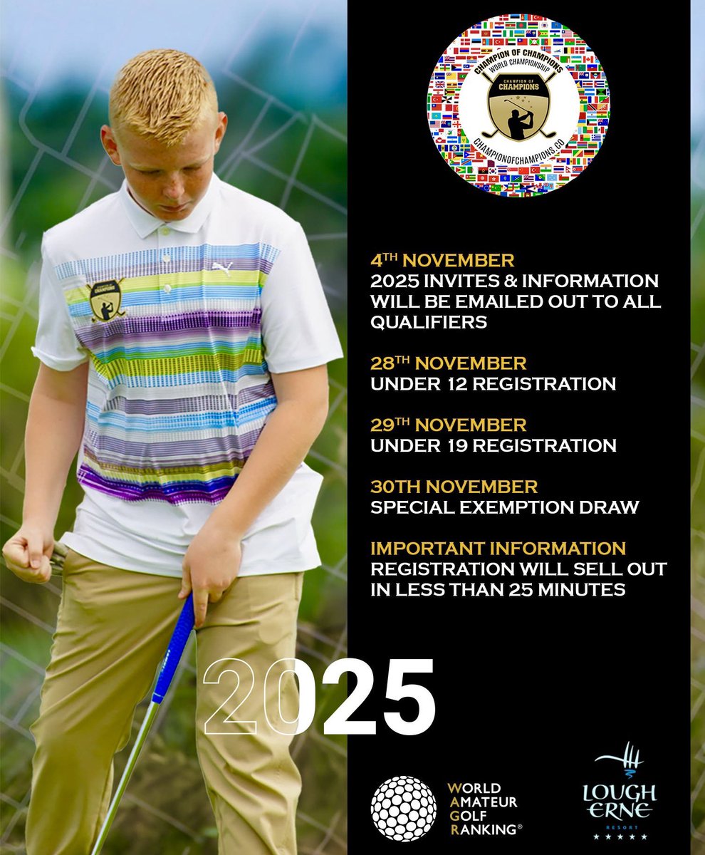 Champ_Of_Champs's tweet photo. The 2025 'Champion of Champions' World Championship will take place at the 5 Star Lough Erne Resort between the 29th &amp; 31st July, just 9 days after the Open Championship at Royal Portrush (2 hours from Lough Erne)

Applications ➡️ https://t.co/NzOamjJ126 https://t.co/PEWRo1Kbxe
